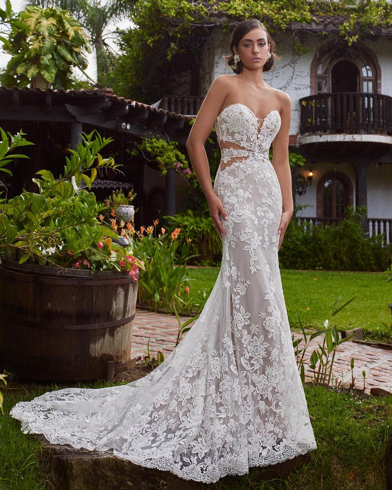 Lp2318 strapless boho wedding dress with lace and strapless neckline4